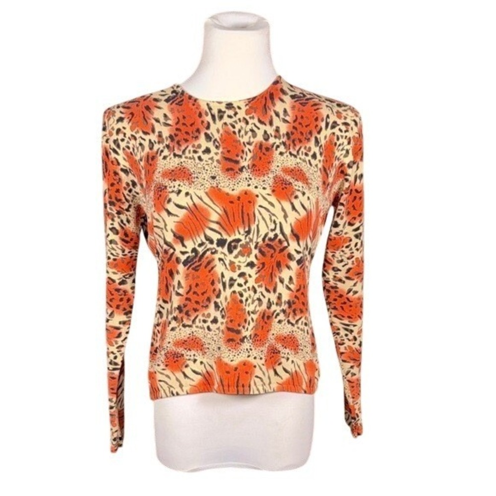 Joseph A. Silk Knit Top Womens L Qu'est-Ce Que C'est Silk? Orange Leopard Print